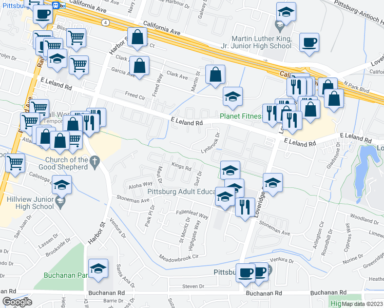 map of restaurants, bars, coffee shops, grocery stores, and more near 2243 Lynbrook Drive in Pittsburg