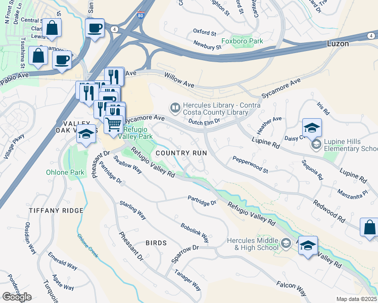 map of restaurants, bars, coffee shops, grocery stores, and more near 9 Moraine Court in Hercules