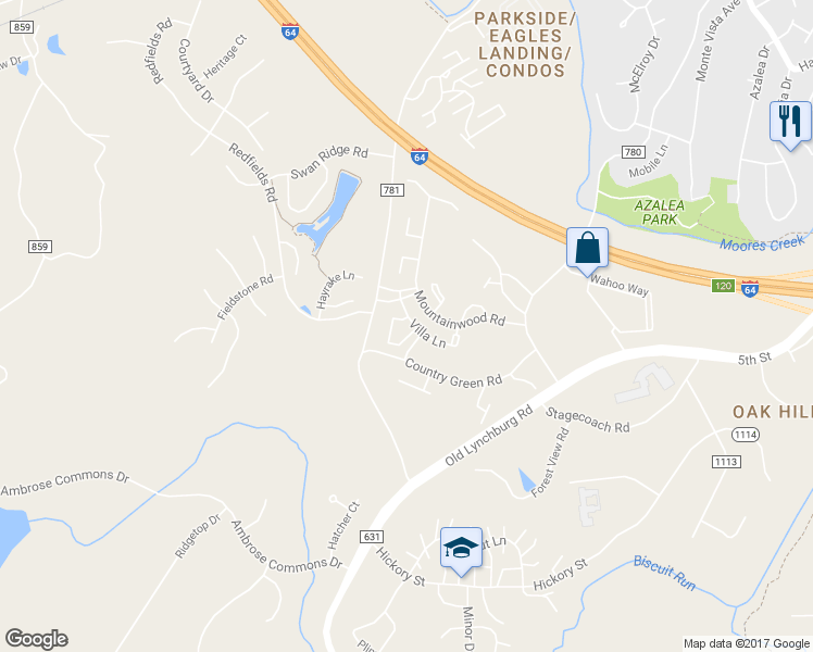 map of restaurants, bars, coffee shops, grocery stores, and more near 1358 Villa Way in Charlottesville