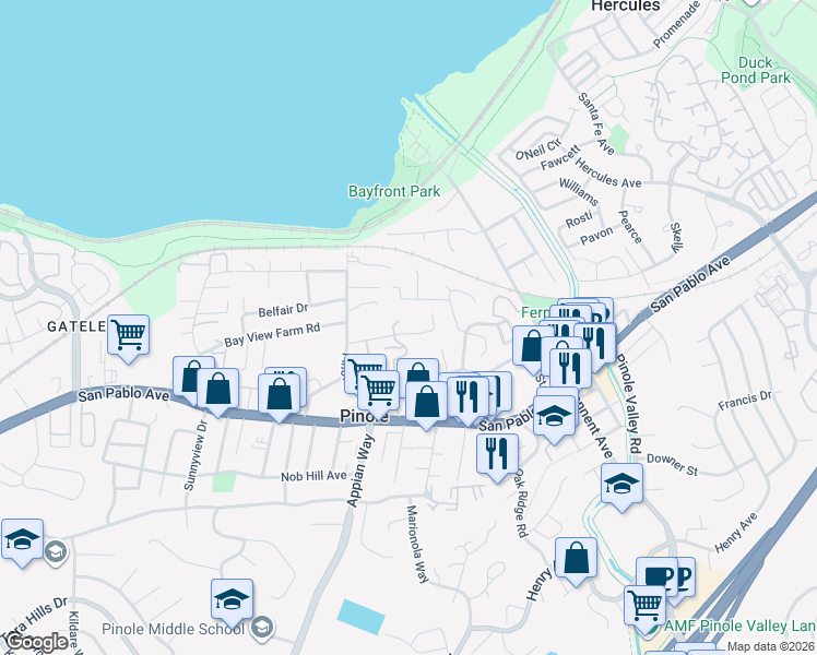 map of restaurants, bars, coffee shops, grocery stores, and more near 1764 Primrose Lane in Pinole