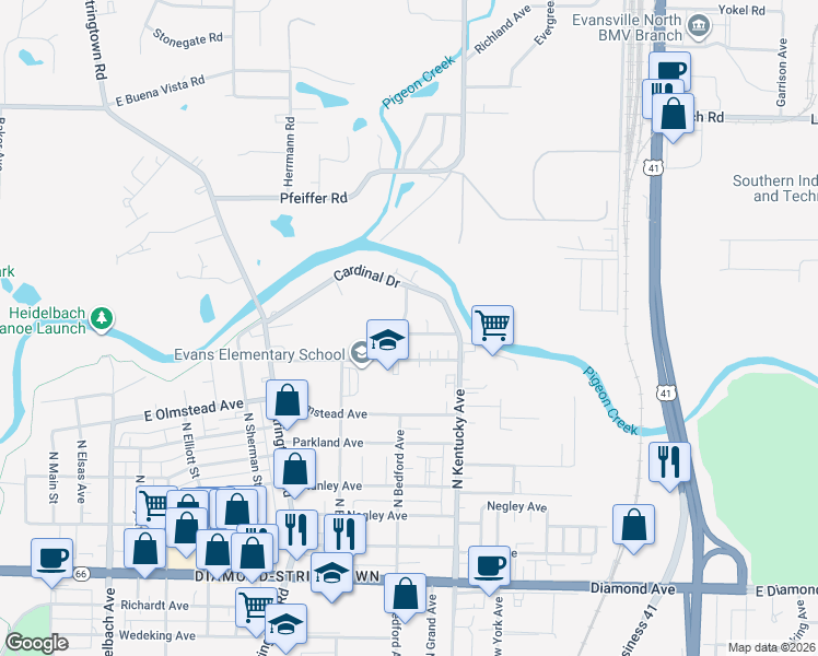 map of restaurants, bars, coffee shops, grocery stores, and more near 2901 North Bedford Avenue in Evansville