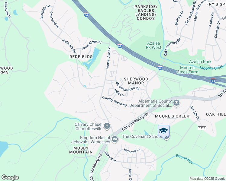 map of restaurants, bars, coffee shops, grocery stores, and more near 1358 Villa Way in Charlottesville