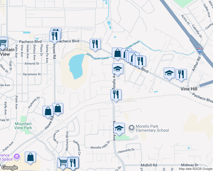 map of restaurants, bars, coffee shops, grocery stores, and more near 5 Pettit Lane in Martinez