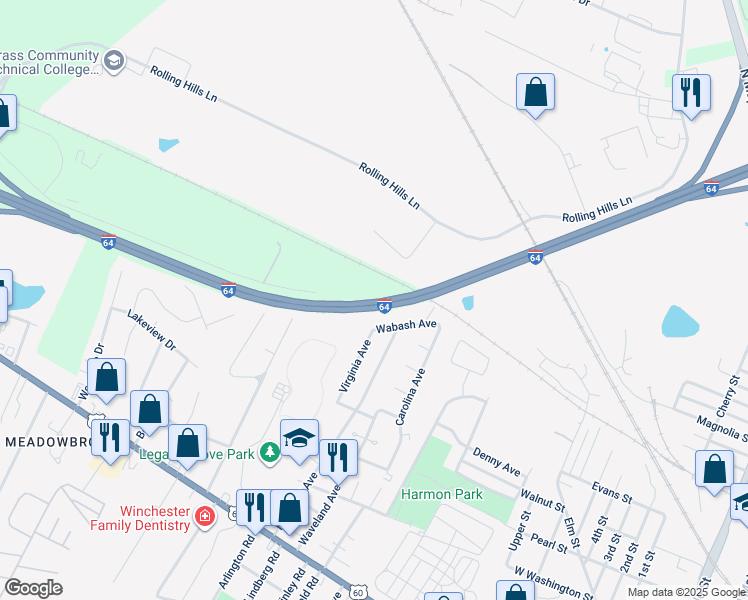 map of restaurants, bars, coffee shops, grocery stores, and more near 95 Interstate 64 in Winchester