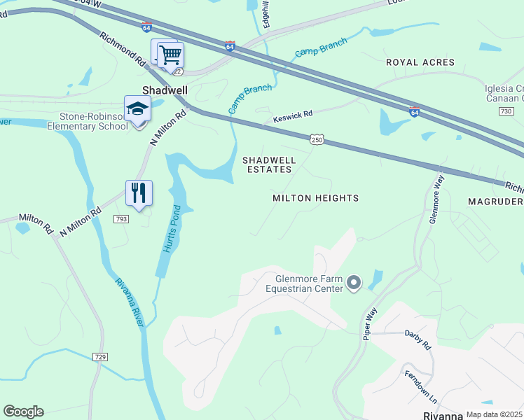 map of restaurants, bars, coffee shops, grocery stores, and more near 1020 Shadwell Road in Keswick