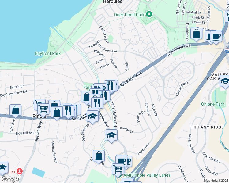 map of restaurants, bars, coffee shops, grocery stores, and more near San Pablo Avenue & Charles Avenue in Pinole