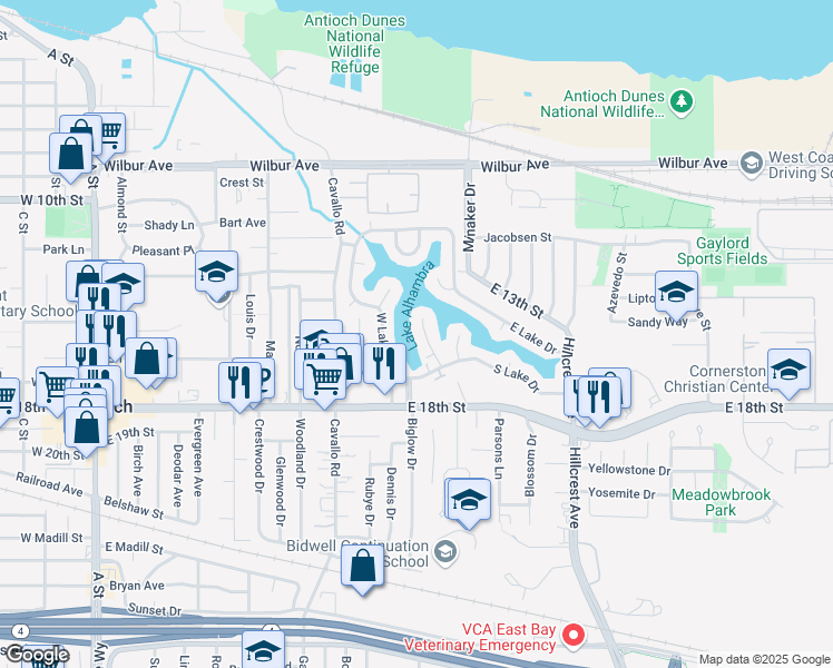map of restaurants, bars, coffee shops, grocery stores, and more near 7 Alhambra Court in Antioch