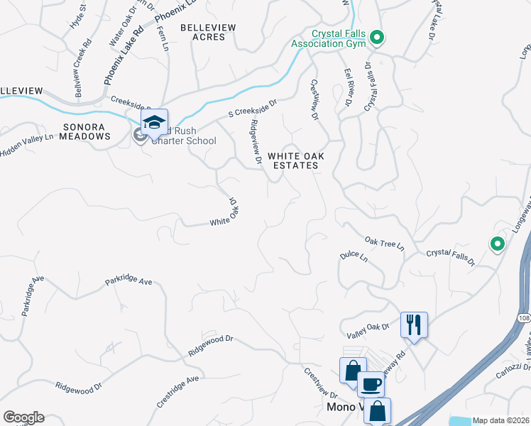 map of restaurants, bars, coffee shops, grocery stores, and more near 21201 Fernwood Court in Sonora