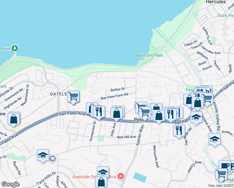 map of restaurants, bars, coffee shops, grocery stores, and more near 1200 Bay View Farm Road in Pinole