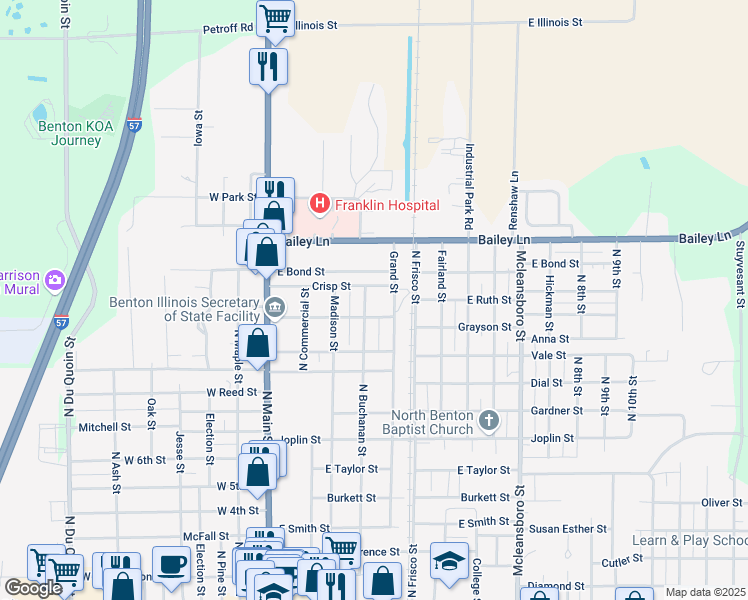 map of restaurants, bars, coffee shops, grocery stores, and more near 1001-1099 Grand Street in Benton