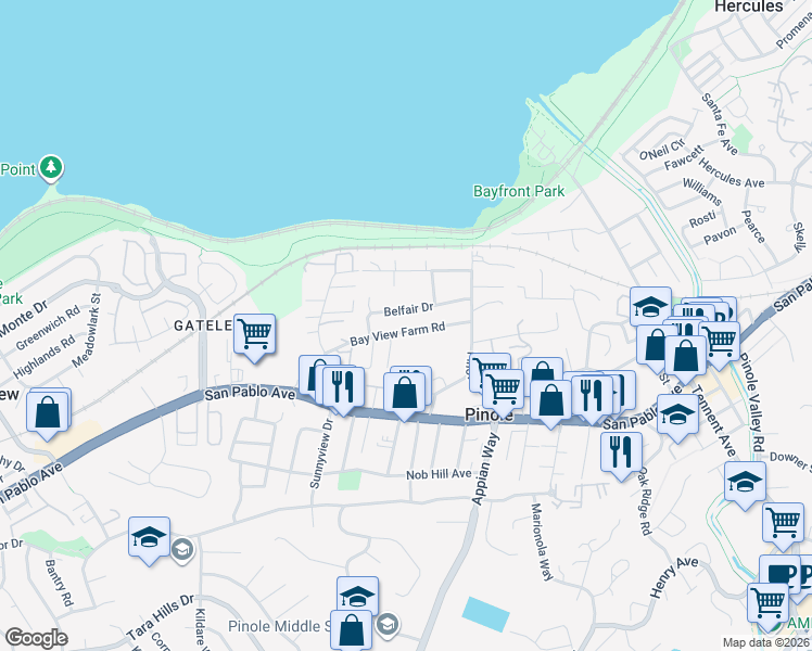 map of restaurants, bars, coffee shops, grocery stores, and more near 1200 Bay View Farm Road in Pinole
