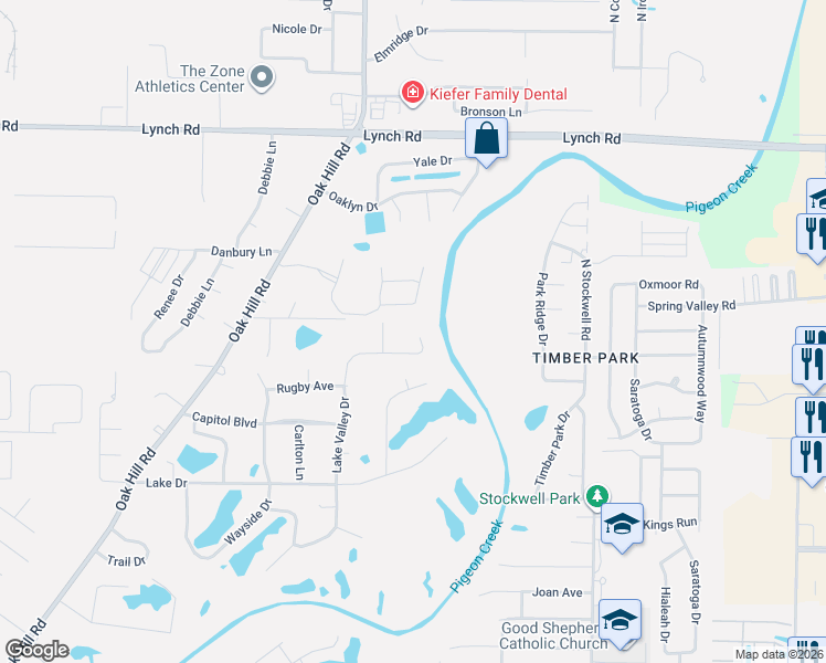 map of restaurants, bars, coffee shops, grocery stores, and more near 3210 Roselawn Circle in Evansville