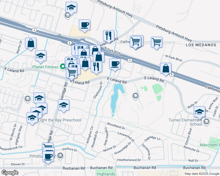 map of restaurants, bars, coffee shops, grocery stores, and more near 209 Jupiter Court in Pittsburg