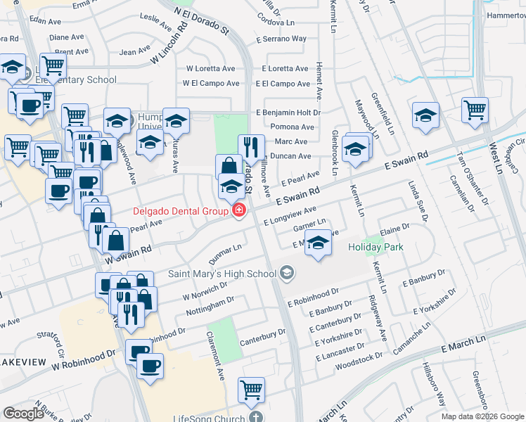 map of restaurants, bars, coffee shops, grocery stores, and more near 5904 North El Dorado Street in Stockton