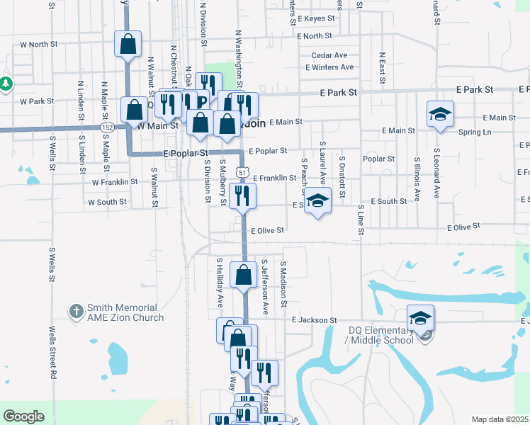 map of restaurants, bars, coffee shops, grocery stores, and more near 301-399 East South Street in Du Quoin