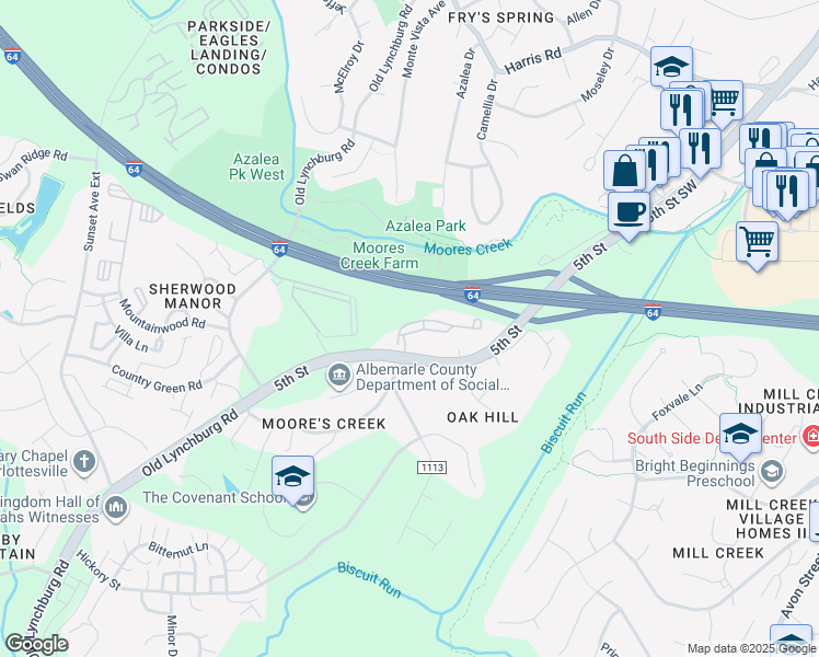 map of restaurants, bars, coffee shops, grocery stores, and more near 405 Afton Pond Court in Charlottesville