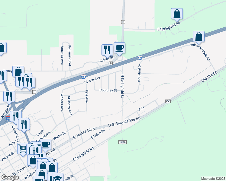 map of restaurants, bars, coffee shops, grocery stores, and more near 624 Courtney Street in Saint James