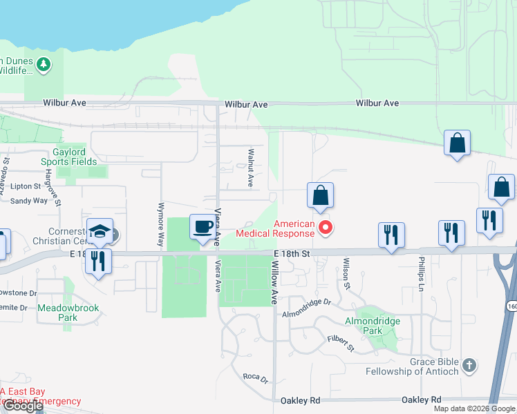 map of restaurants, bars, coffee shops, grocery stores, and more near 1954 Vine Lane in Antioch