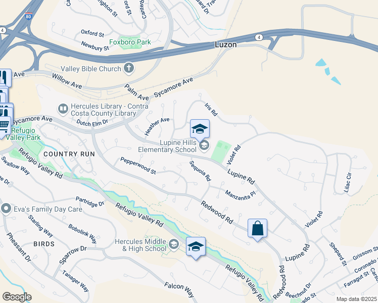 map of restaurants, bars, coffee shops, grocery stores, and more near 1905 Lupine Road in Hercules