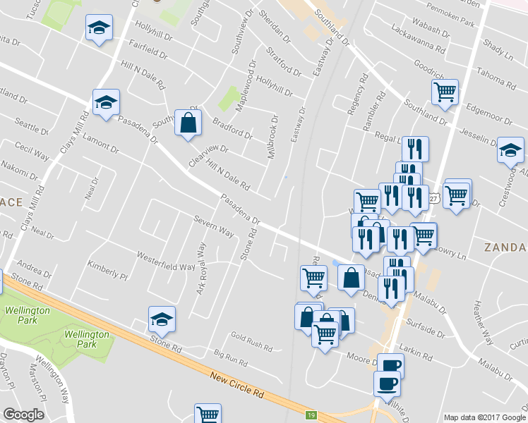 map of restaurants, bars, coffee shops, grocery stores, and more near 375 Pasadena Drive in Lexington