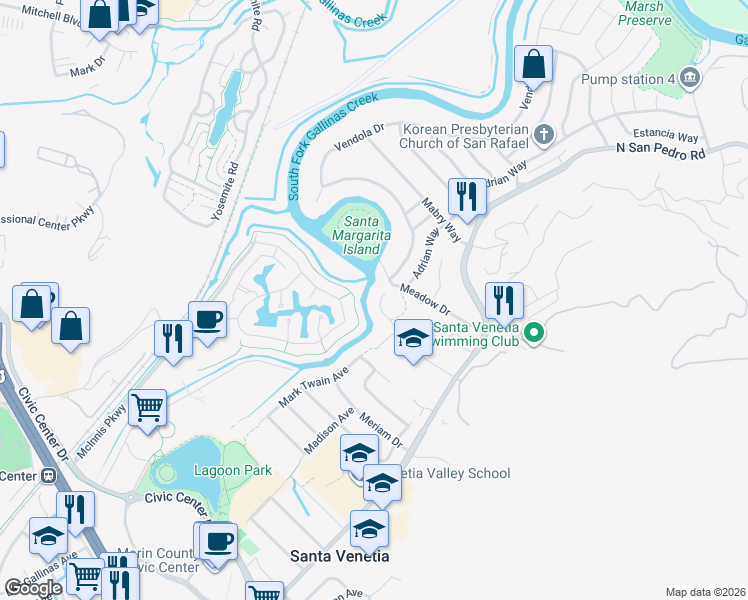 map of restaurants, bars, coffee shops, grocery stores, and more near 144 Waterside Circle in San Rafael