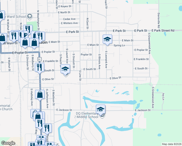map of restaurants, bars, coffee shops, grocery stores, and more near 300-334 South Blackburn Street in Du Quoin