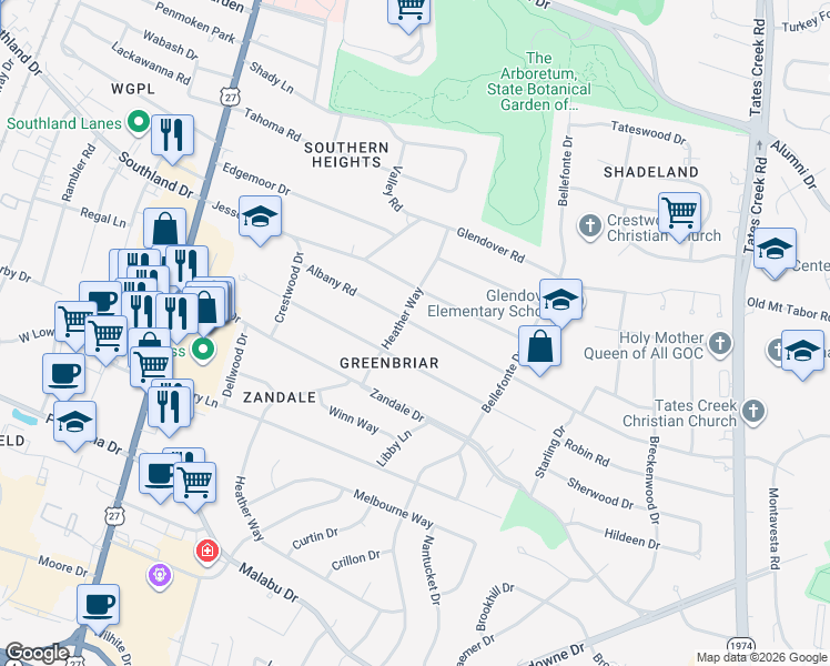 map of restaurants, bars, coffee shops, grocery stores, and more near 308 Albany Road in Lexington