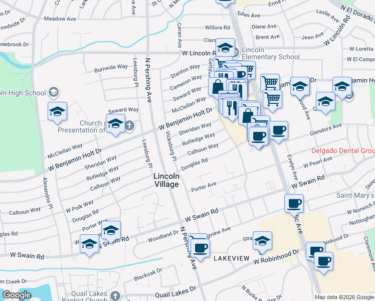 map of restaurants, bars, coffee shops, grocery stores, and more near 1174 Calhoun Way in Stockton