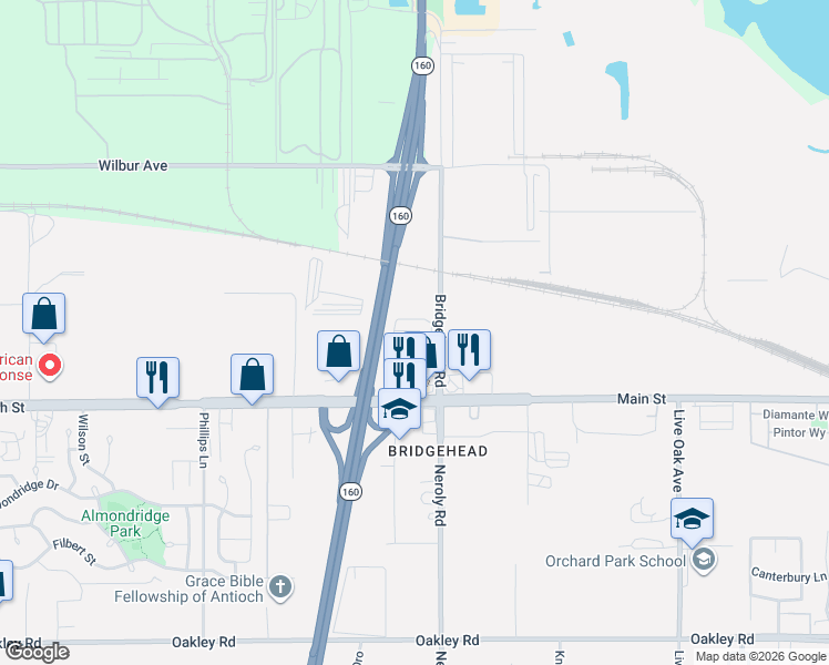 map of restaurants, bars, coffee shops, grocery stores, and more near 5751 Bridgehead Road in Antioch