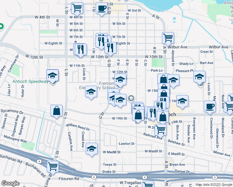 map of restaurants, bars, coffee shops, grocery stores, and more near 518 West 16th Street in Antioch