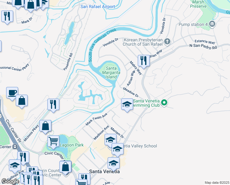 map of restaurants, bars, coffee shops, grocery stores, and more near 144 Waterside Circle in San Rafael