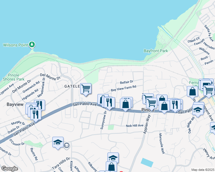 map of restaurants, bars, coffee shops, grocery stores, and more near 575 Sunnyview Drive in Pinole