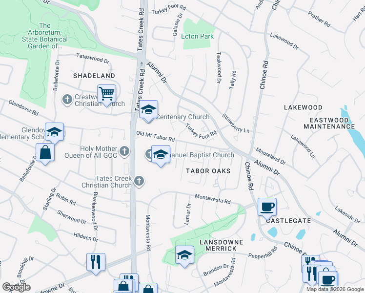 map of restaurants, bars, coffee shops, grocery stores, and more near 260 Old Mount Tabor Road in Lexington