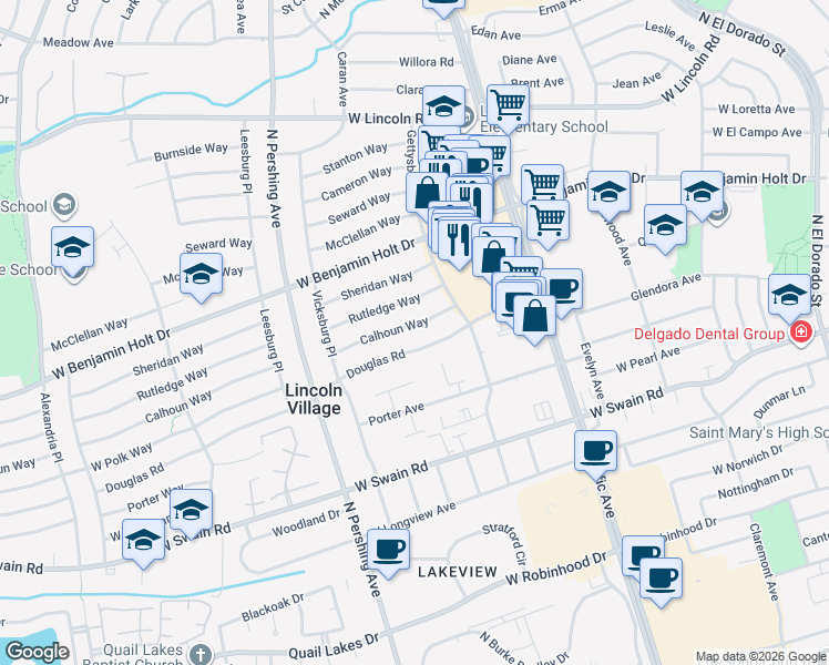 map of restaurants, bars, coffee shops, grocery stores, and more near 1110 Calhoun Way in Stockton