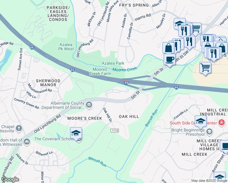 map of restaurants, bars, coffee shops, grocery stores, and more near 411 Afton Pond Court in Charlottesville