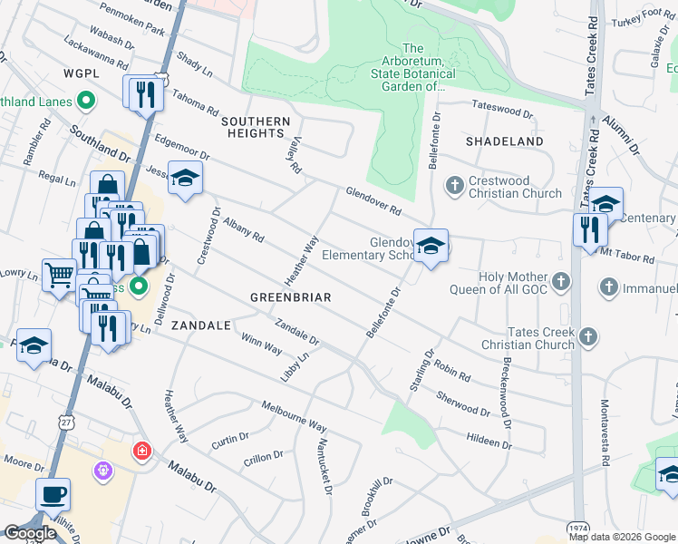 map of restaurants, bars, coffee shops, grocery stores, and more near 329 Albany Road in Lexington