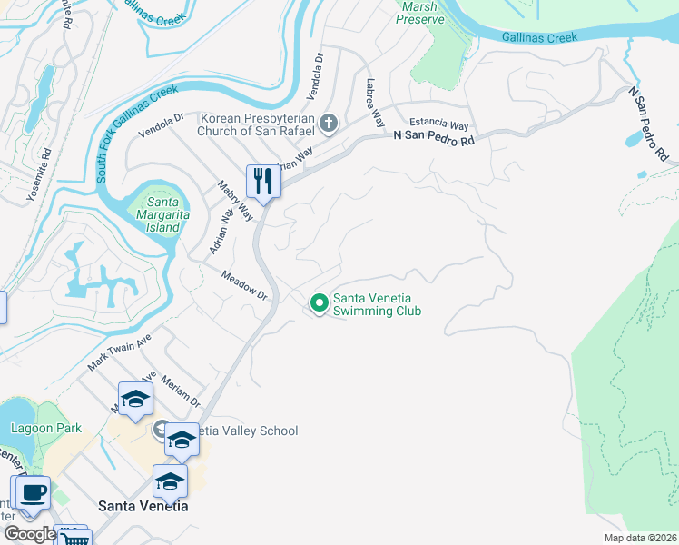 map of restaurants, bars, coffee shops, grocery stores, and more near 70 Oxford Drive in San Rafael