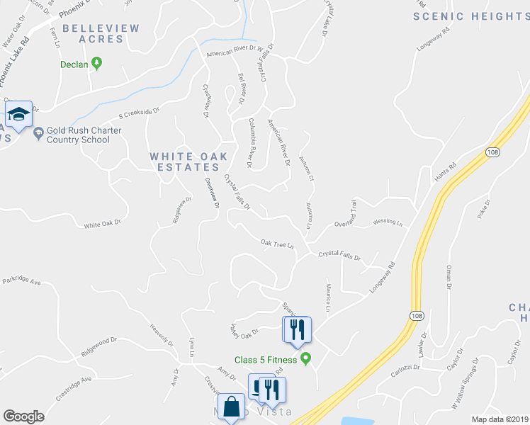 map of restaurants, bars, coffee shops, grocery stores, and more near 21201 Crystal Falls Drive in Sonora