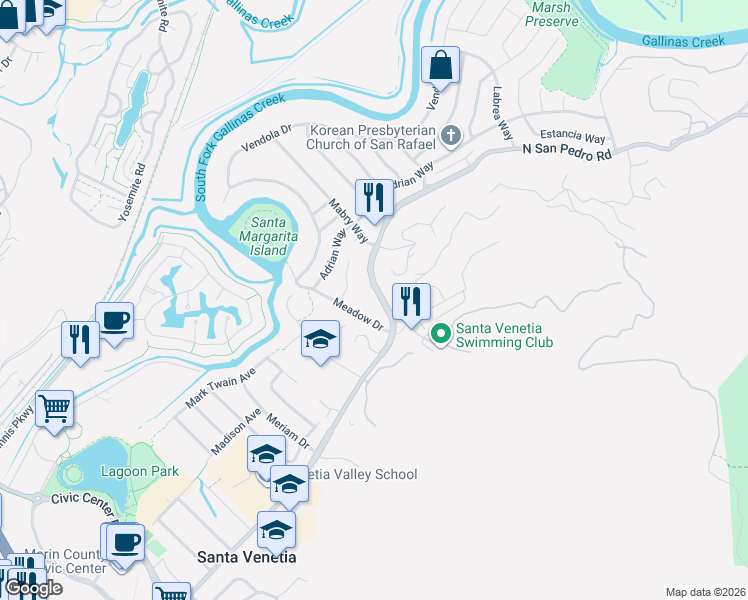 map of restaurants, bars, coffee shops, grocery stores, and more near 319 North San Pedro Road in San Rafael