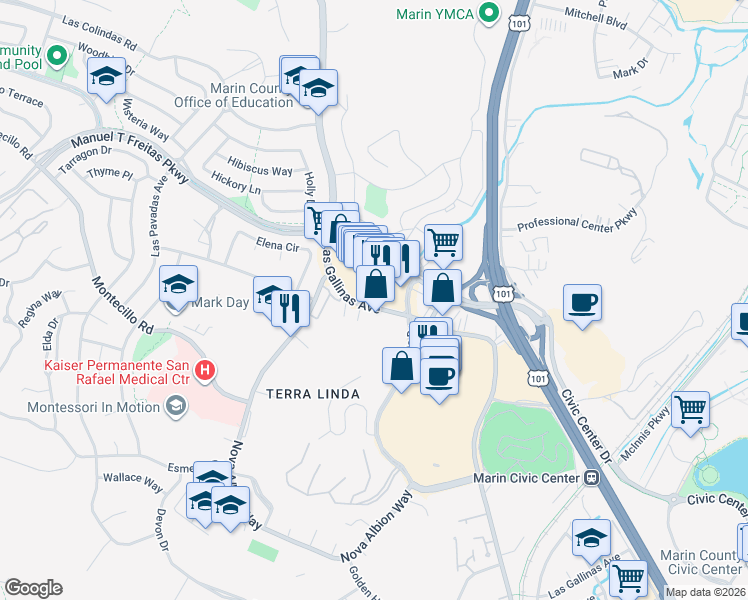 map of restaurants, bars, coffee shops, grocery stores, and more near 820 Las Gallinas Avenue in San Rafael
