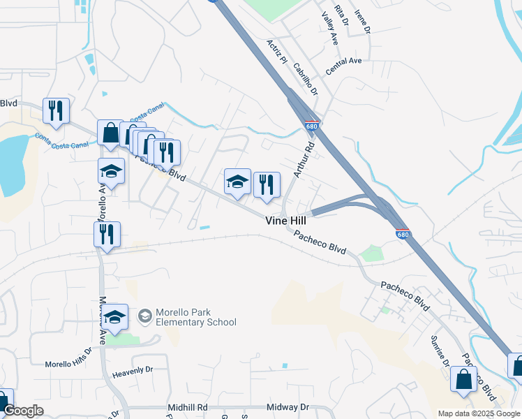 map of restaurants, bars, coffee shops, grocery stores, and more near 4285 Pacheco Boulevard in Martinez