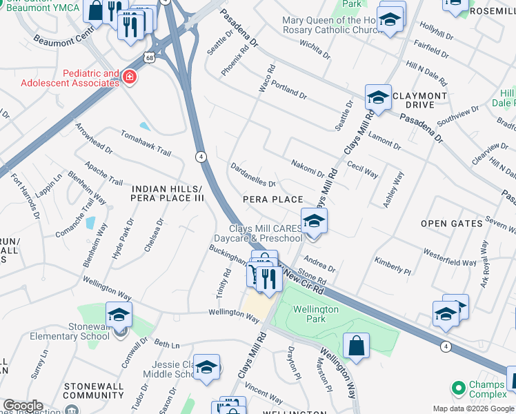 map of restaurants, bars, coffee shops, grocery stores, and more near 3008 Waco Road in Lexington