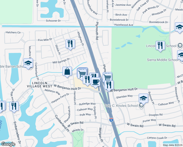 map of restaurants, bars, coffee shops, grocery stores, and more near 3268 Blue Ridge Circle in Stockton