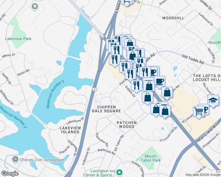 map of restaurants, bars, coffee shops, grocery stores, and more near 200 Patchen Drive in Lexington