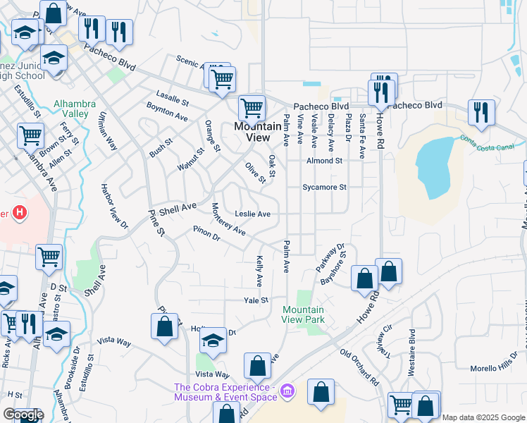 map of restaurants, bars, coffee shops, grocery stores, and more near 2521 Leslie Avenue in Martinez