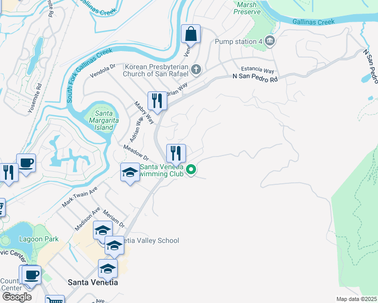 map of restaurants, bars, coffee shops, grocery stores, and more near 47 Oxford Drive in San Rafael