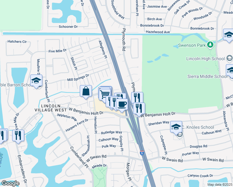 map of restaurants, bars, coffee shops, grocery stores, and more near 3268 Blue Ridge Circle in Stockton