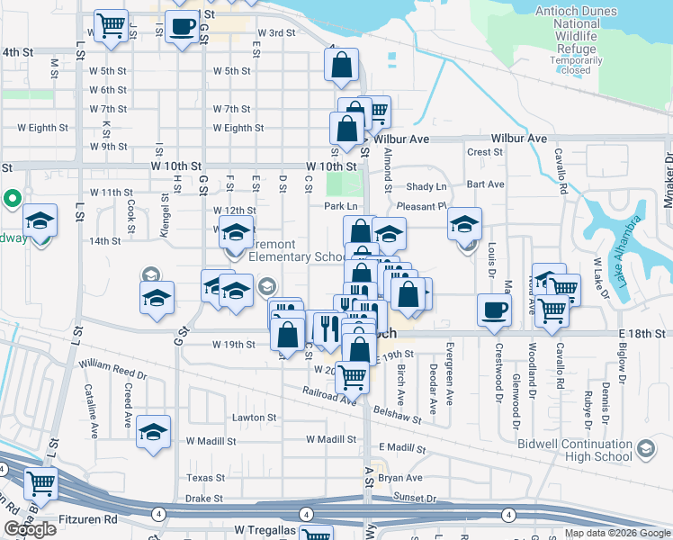 map of restaurants, bars, coffee shops, grocery stores, and more near 101 West 15th Street in Antioch