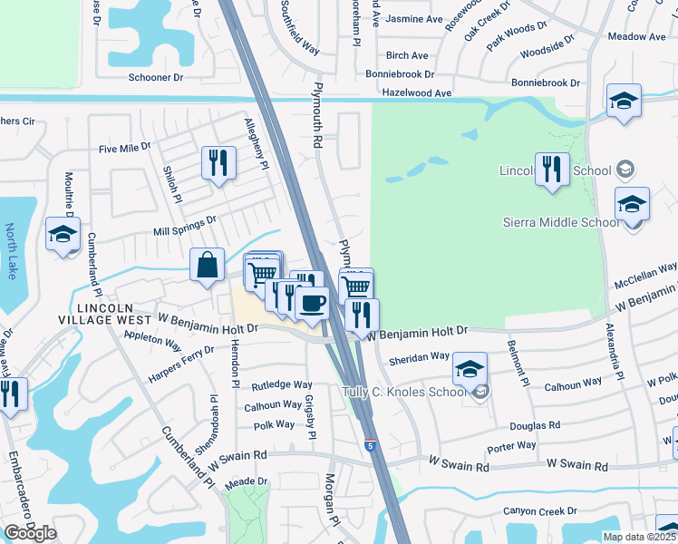 map of restaurants, bars, coffee shops, grocery stores, and more near 388 Plymouth Road in Stockton