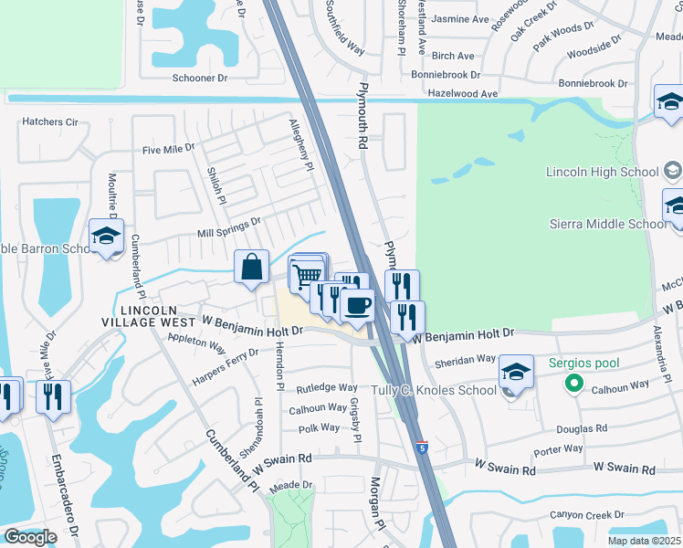 map of restaurants, bars, coffee shops, grocery stores, and more near 3268 Blue Ridge Circle in Stockton